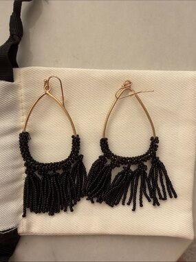 Gold Hoop Earrings with Black Beaded Fringe